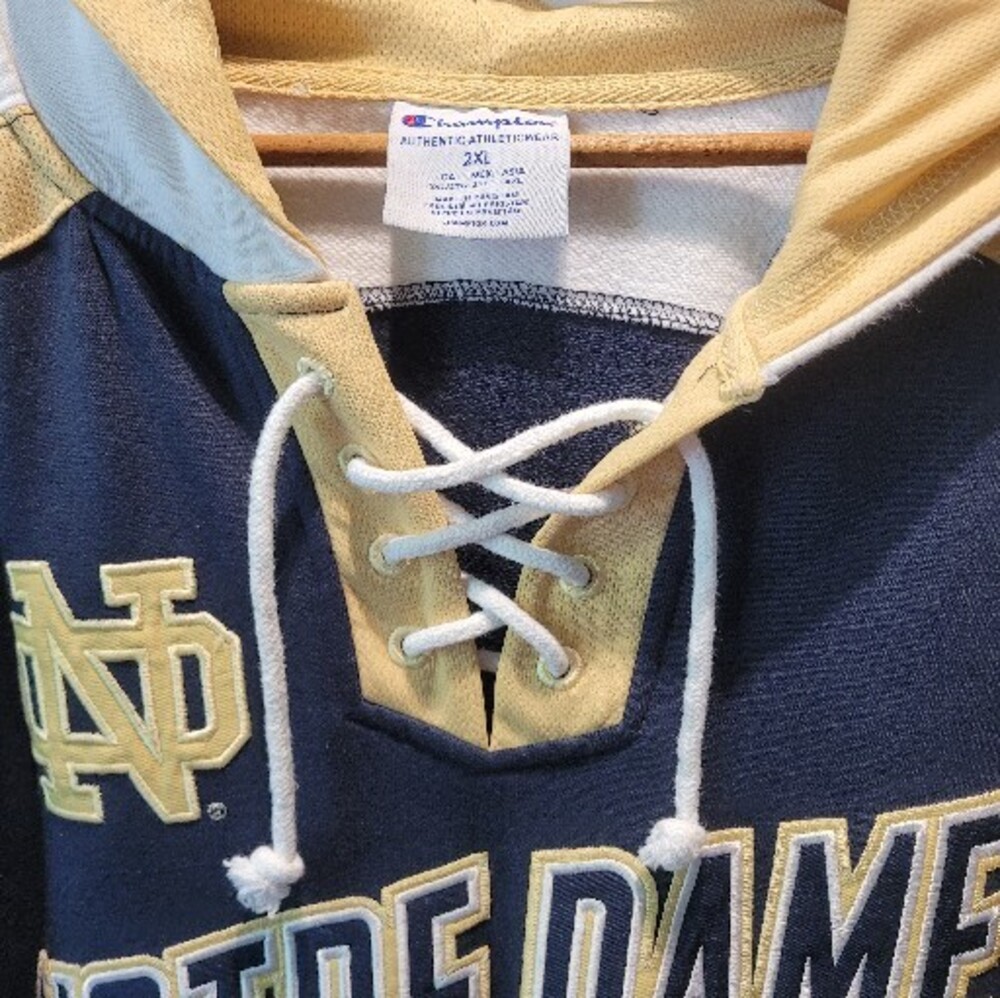 Vtg NOTRE DAME #42 CHAMPION 2XL Authentic Athleticwear Tie Hood Sweatshirt Irish
